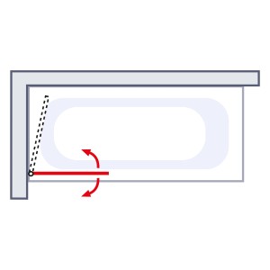 Schwenkbare Schulte Badewannenfaltwand, 1-teilig, zur Montage an Badewanne, mit rotem Schwenkpfeil.