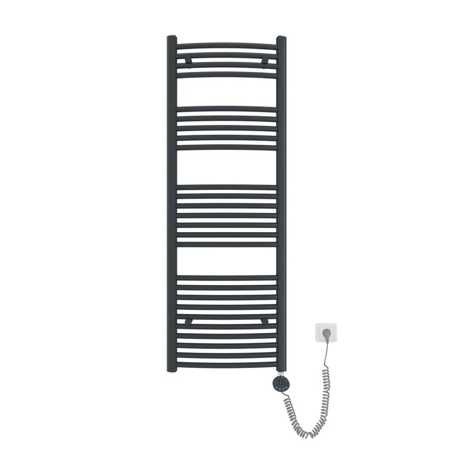 Emke elektrischer Badheizkörper, gebogen, anthrazit, 140x50cm, mit Thermostat und Heizstab. Ideal als Handtuchtrockner.