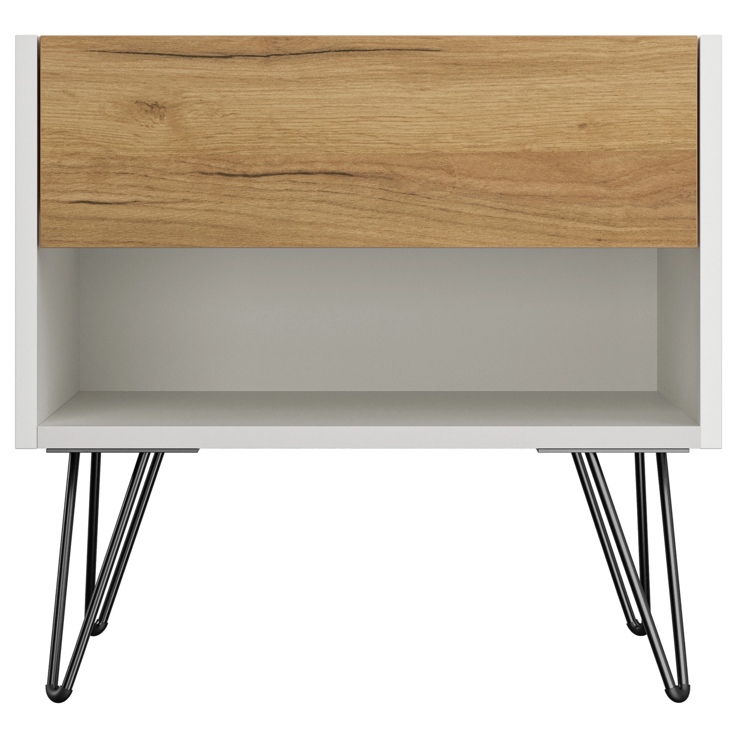 Posseik Nachttisch-Set Industrial B, 2-teilig, weiß/Eiche, mit Schublade und Metallfüßen.