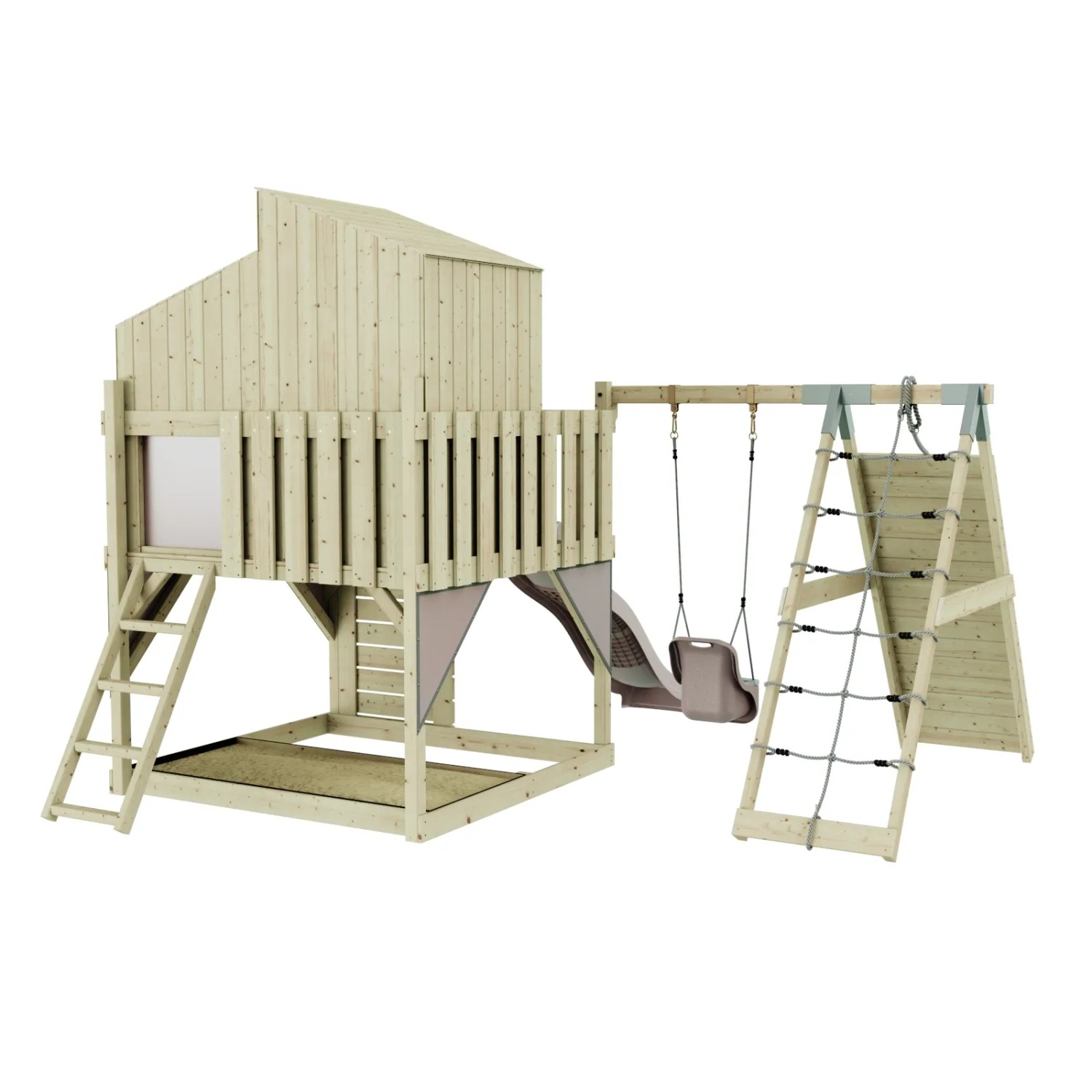 Holz-Spieltürm mit Babyschaukel in Altrosa, Rutsche und Kletterwand für Kinder ab 3 Jahren.