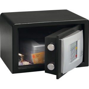 Offener, schwarzer Burg-Wächter Hotelsafe Point P 1 mit Elektronikschloss und Wertsachen.