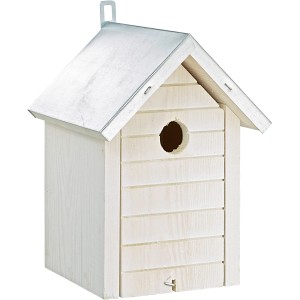 Weißer Vogelnistkasten aus Pinie mit Zinkdach für Wildvögel.