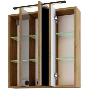 Offener Held Möbel 3D-Spiegelschrank Florenz 60 cm in Wotaneiche mit Glasböden und LED-Leuchte.