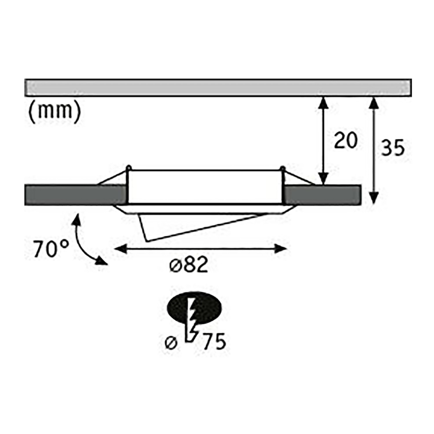 Technische Zeichnung Paulmann LED-Einbaustrahler, Maße und Einbauhinweise.