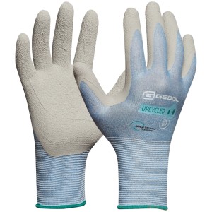 Gebol Arbeitshandschuhe Upcycled Sensitive, hellblau, Größe 5. Latex-beschichtete Handfläche für guten Halt.