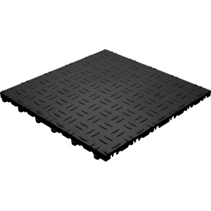 Schwarze Florco Kunststoff-Klickfliese mit Riffelblech-Optik, 40x40 cm. Holzfliese für Innenräume.