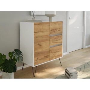 Posseik Sideboard Industrial K, weiß/Eiche, 80 cm breit, mit 3 Schubladen und 1 Tür.