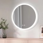Runder Emke Badspiegel 80cm mit LED-Beleuchtung, Touch-Schalter und Antibeschlag-Funktion, an heller Wand.