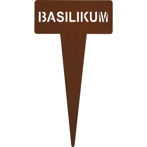 Rostfarbener Kräuterstecker Basilikum aus Metall, 15 cm hoch, zur Kennzeichnung von Kräutertöpfen.