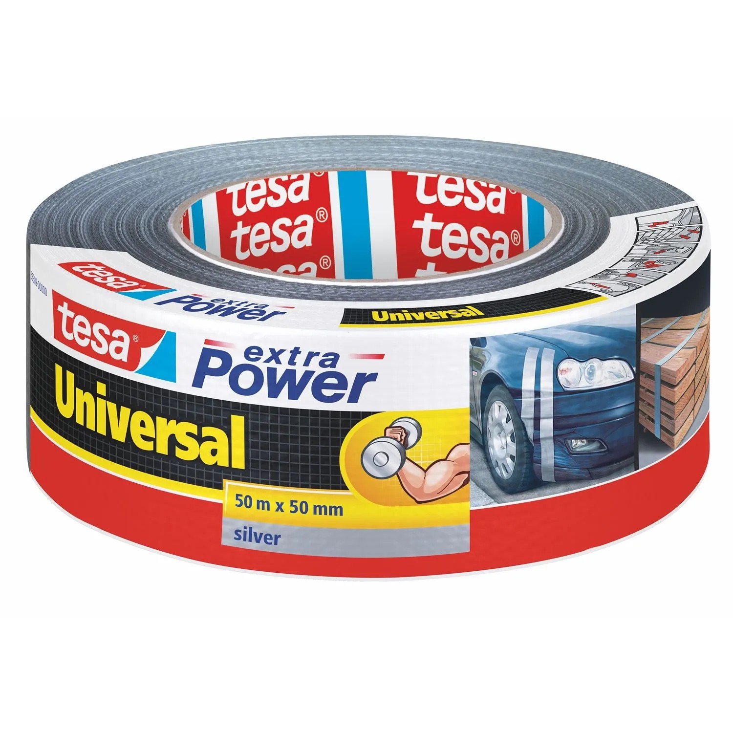 Rolle silbernes Tesa Extra Power Universal Gewebeband, 50 m x 50 mm. Stark für Reparaturen.