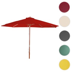 Roter MCW Sonnenschirm Lissabon, Ø 3m, mit Holzgestell und Seilzugmechanismus.