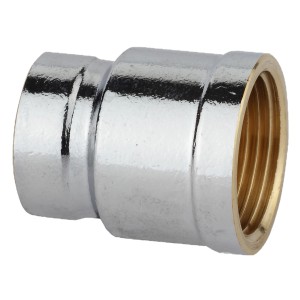 Verchromte Kirchhoff Reduzier-Doppelmuffe, 1/2 IG x 3/8 IG, für Gewindefittings.