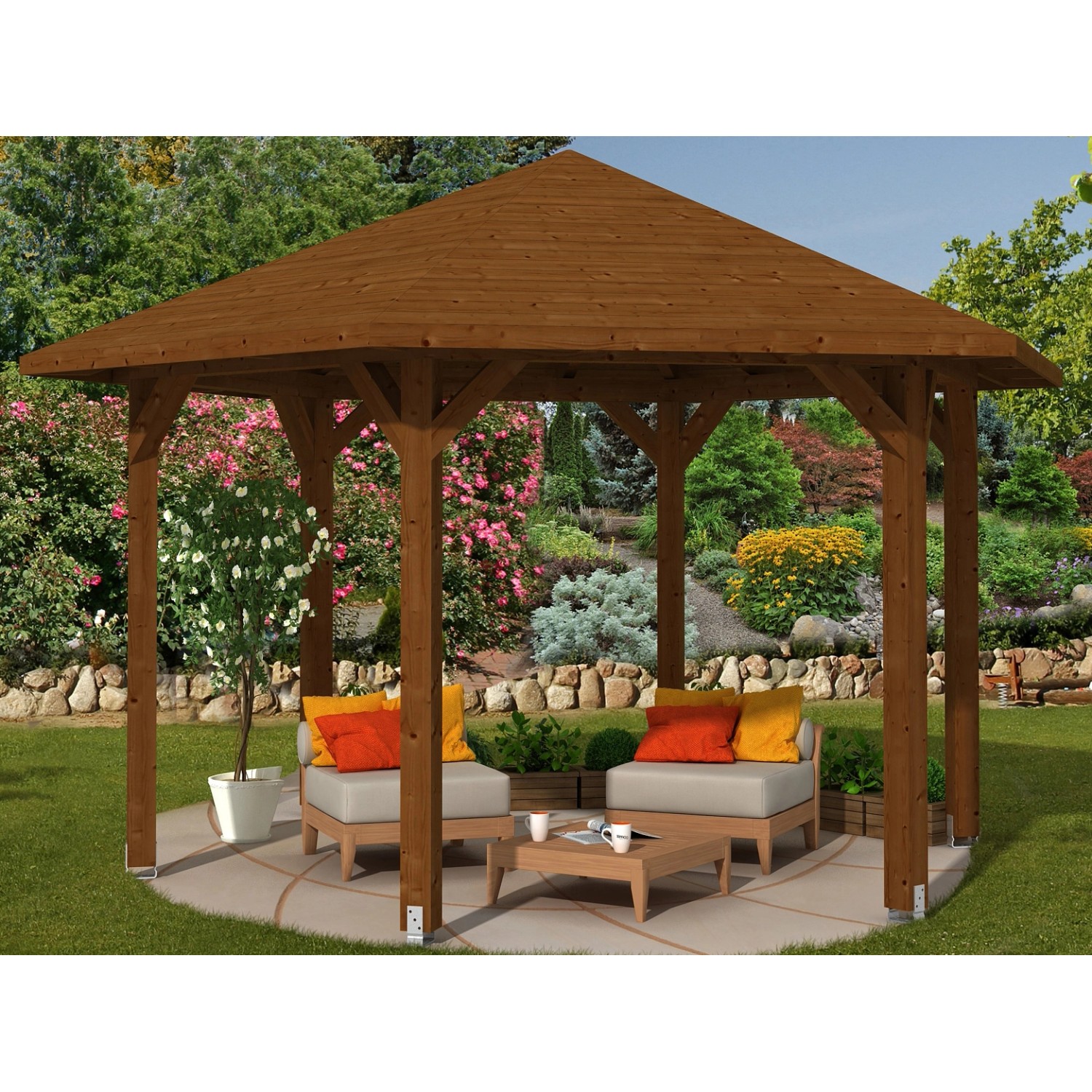 Skan Holz Pavillon Nancy, 480x416 cm, Nussbaum. Holzpavillon mit Leimholzkonstruktion und Massivholzdach.