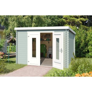 Lasita Holz-Gartenhaus Sacramento, gletschergrün, mit geöffneter Doppeltür. Gartenhaus mit Flachdach.