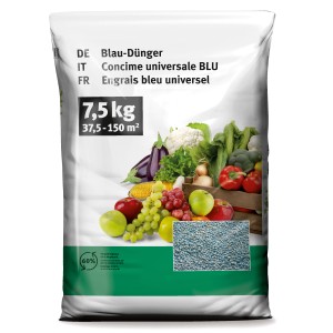 Bwo Blaudünger 7,5 kg Sack mit Gemüseabbildung. Universaldünger für Gartenkulturen.