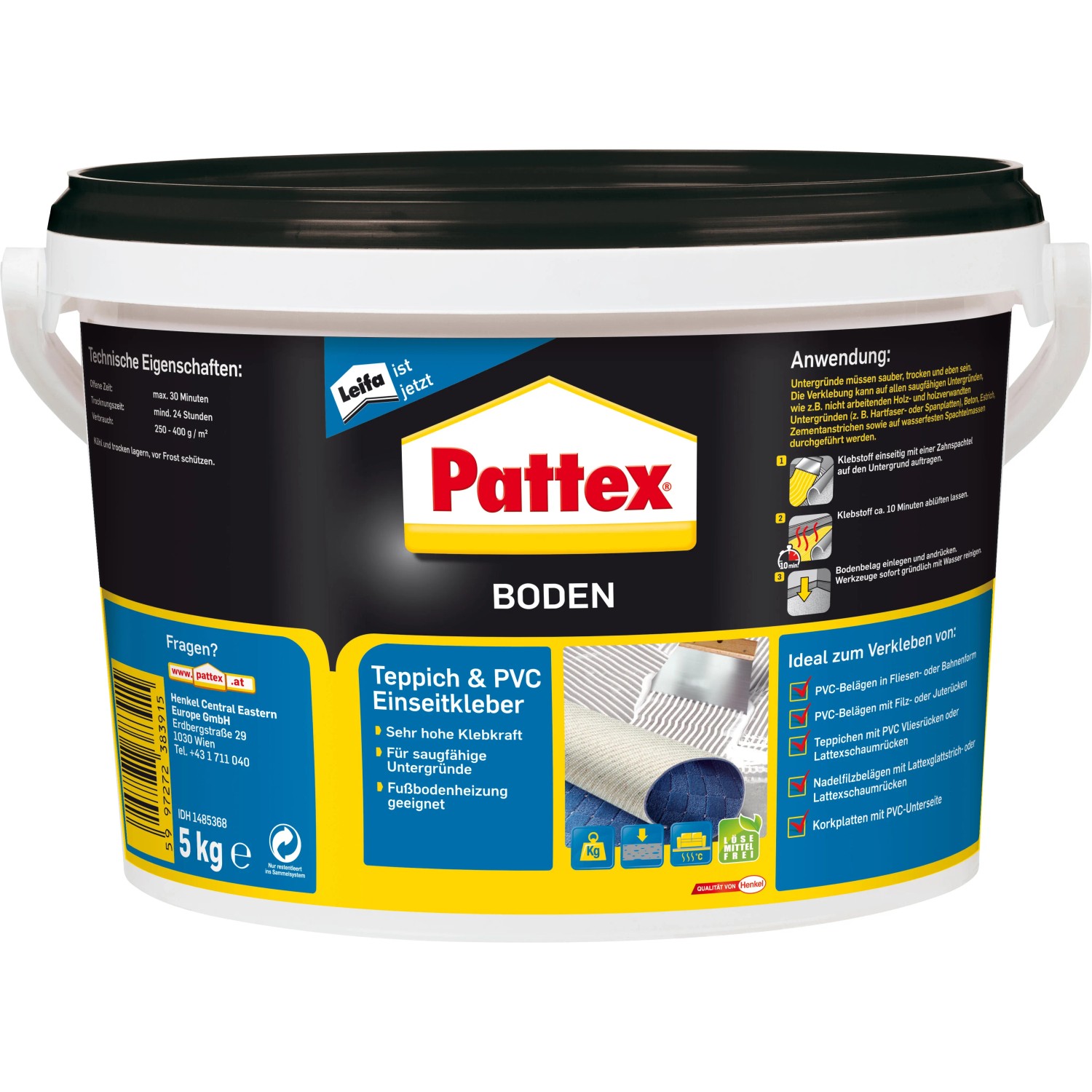 Pattex Einseitkleber für Teppich und PVC, 5 kg, weiß, geeignet für Fußbodenheizung.