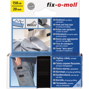 Schwarzes Fix-o-moll Klettband zum Nähen, 150cm x 20mm, ideal für Textilien und Bastelarbeiten.