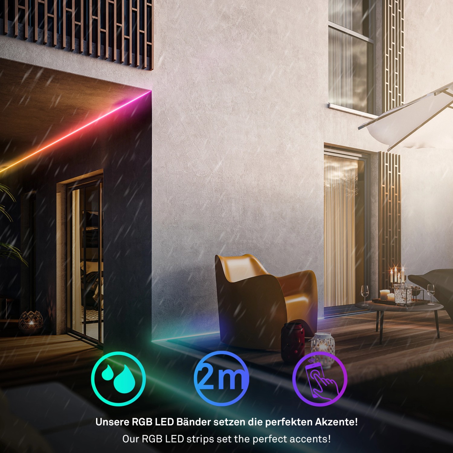 Briloner LED-Band Starter-Set: 2 m RGB/W-Licht für stimmungsvolle Aussenbeleuchtung.