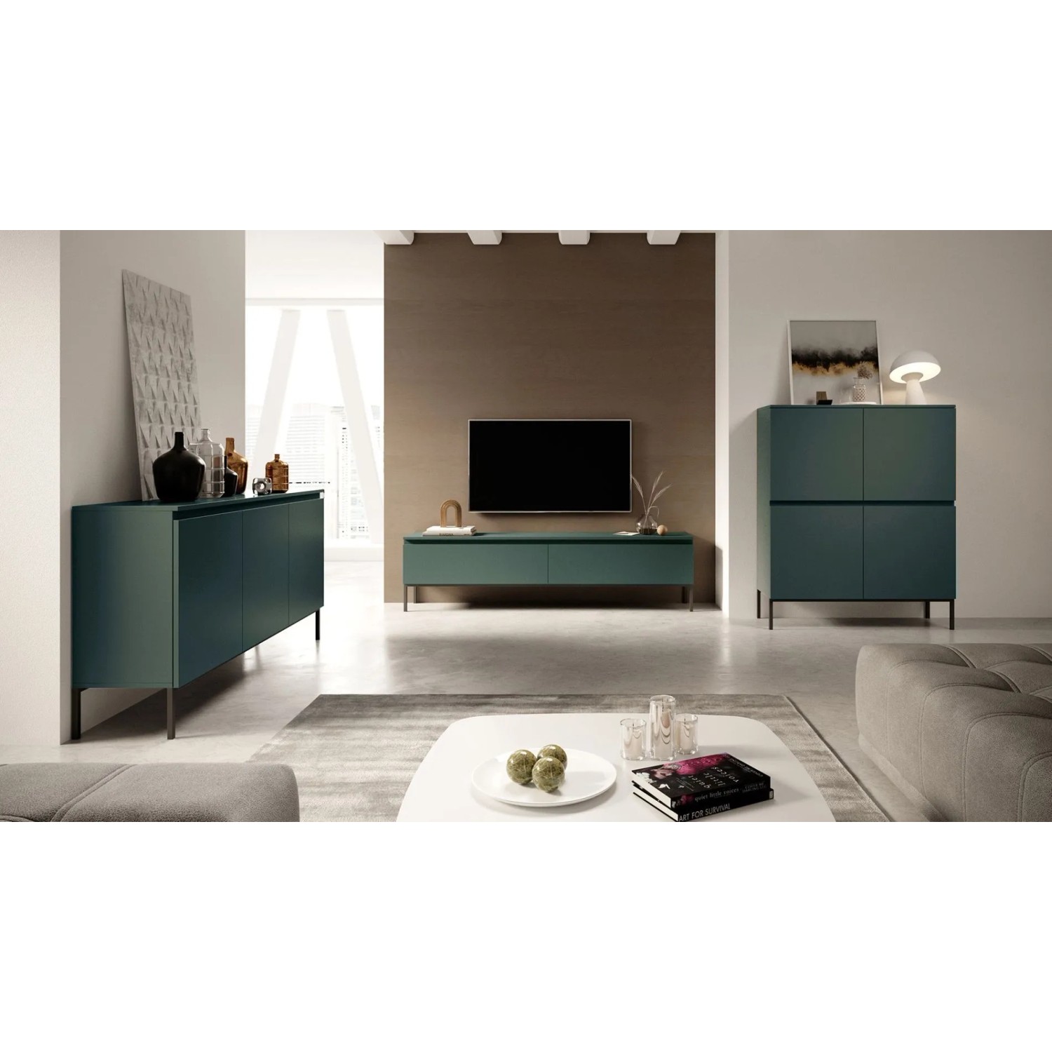 Selsey Highboard Bemmi 100 cm Hoch Dunkelgrün mit Schwarzen Beinen_3