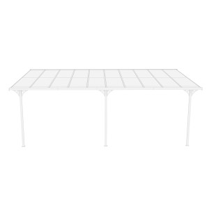 Weiße Westmann Alu-Terrassenüberdachung Bruce 617 mit Polycarbonat-Doppelstegplatten.
