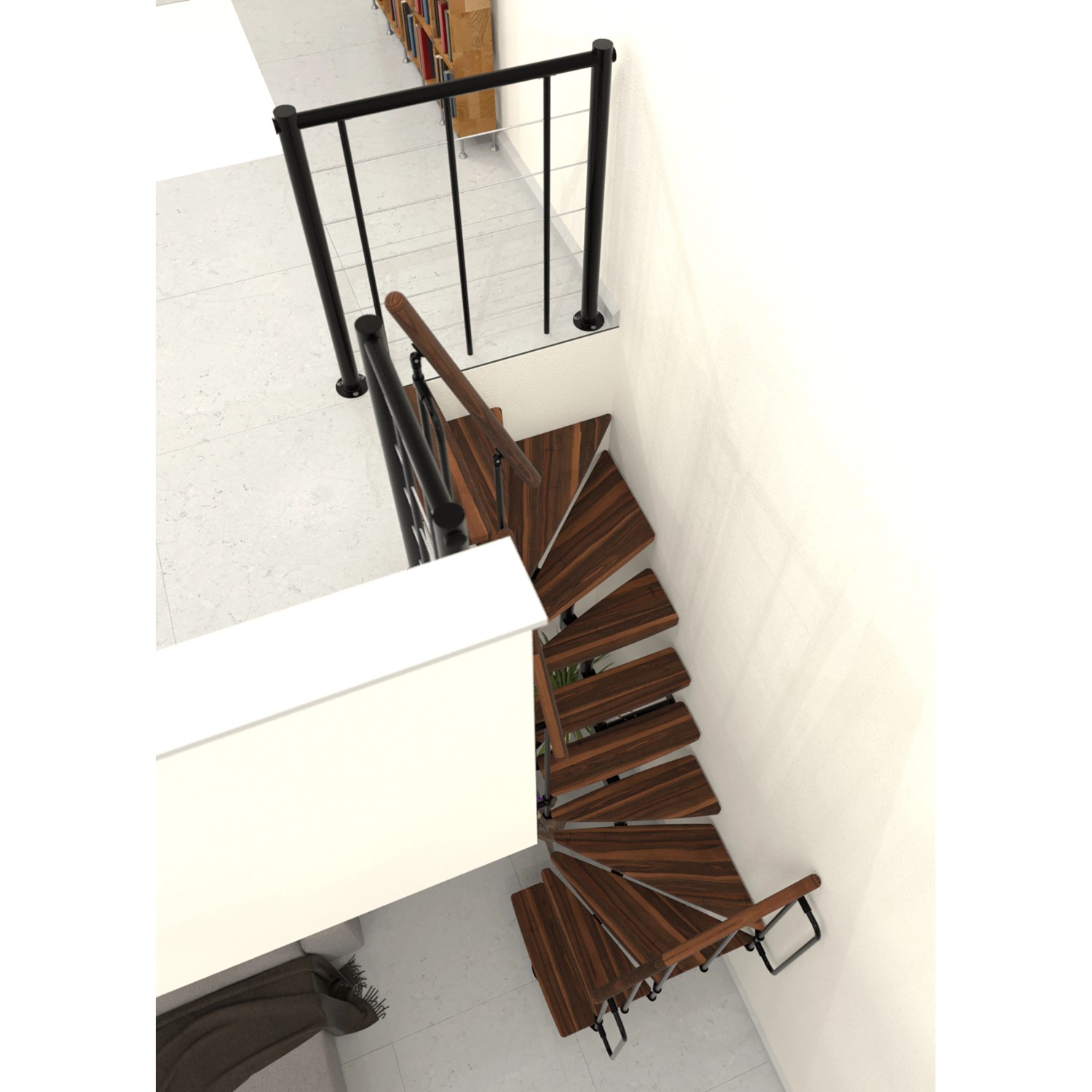 Minka Raumspartreppe Joker Turn 180° Walnuss/Schwarz, halbgewendelte Innentreppe mit Holzstufen und Geländer.