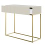 Selsey Veldio Konsolentisch, Greige, mit geriffelter Front, offener Schublade und goldenem Metallgestell.