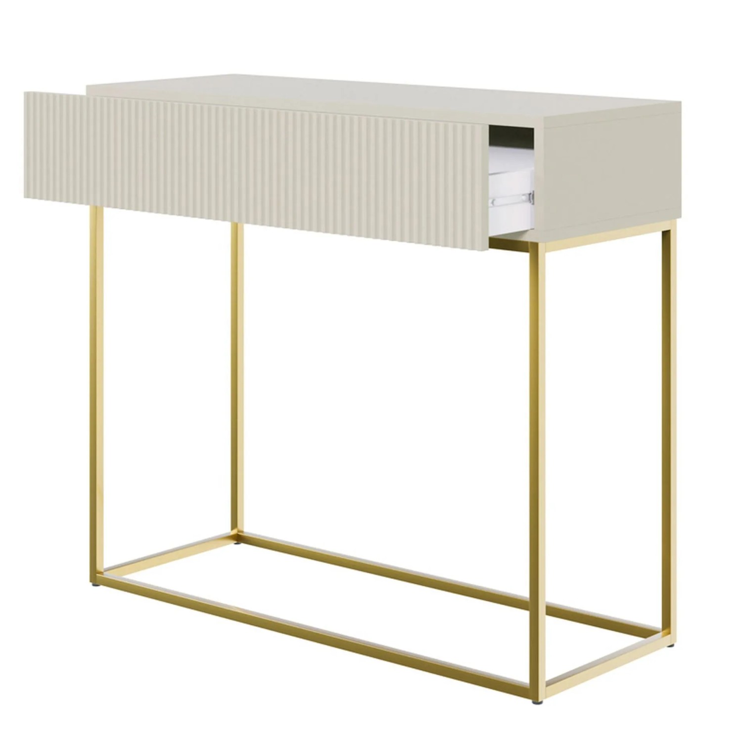 Selsey Veldio Konsolentisch, Greige, mit geriffelter Front, offener Schublade und goldenem Metallgestell.
