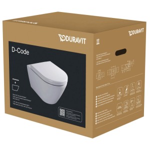 Verpackung des Duravit WC-Set D-Code, wandhängend, weiß hochglanz, mit WC und Deckel mit Absenkautomatik.