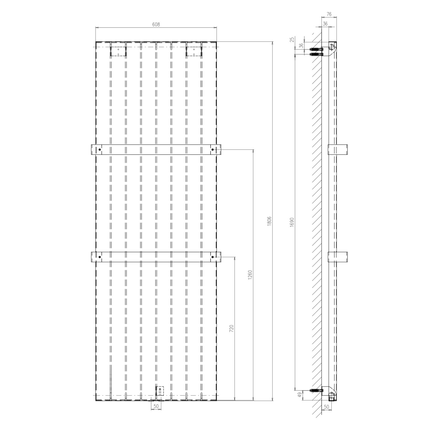 Technische Zeichnung Schulte Design-Heizkörper New York, Anthrazit, mit Maßen und Wandabstand.