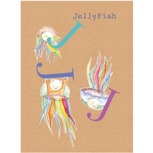 Komar Wandbild ABC Animal J, 40x50 cm, mit bunten Quallen-Illustrationen und Buchstaben.