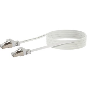 Weißes Schwaiger CAT-6-Netzwerkflachkabel (5 m) mit RJ45-Steckern für Netzwerkverbindungen.