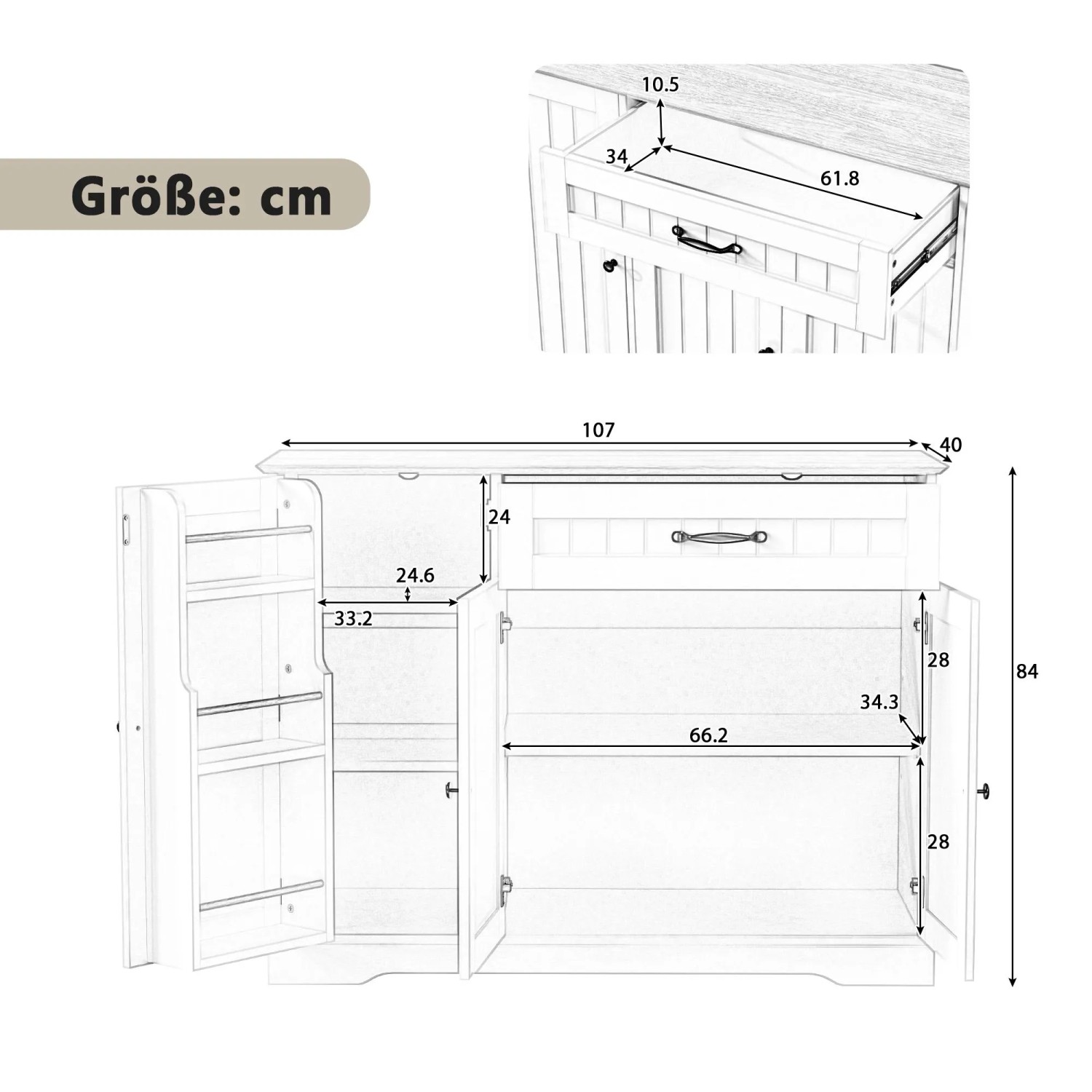 okwish Sideboard mit 3 Türen Schublade Wohnzimmer Diele 107x83x40cm Weiß_5