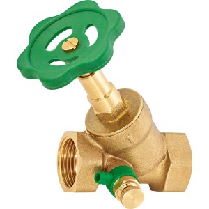 Schrägsitzventil 30,3 mm (Rp 1) aus Messing mit grünem Handrad zur Durchflussregulierung.