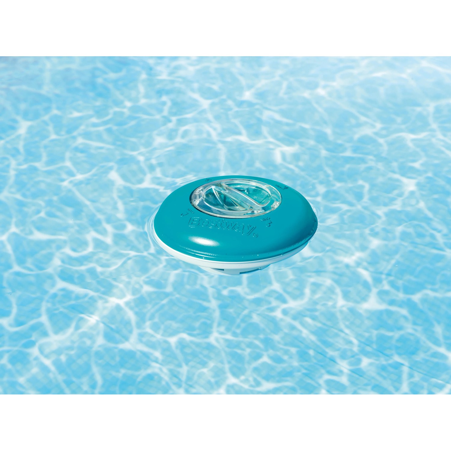Bestway Dosierschwimmer im Pool, blau-weiß, mit transparentem Verstellring zur Chlortabletten-Dosierung.