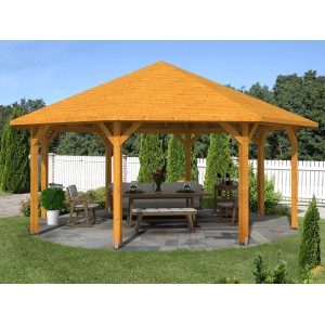 Skan Holz Pavillon Nice, 630x630 cm, Eiche hell, mit Massivholzdach und Leimholz-Konstruktion.