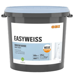 Eimer OBI Easyweiss Wandfarbe, Weiß Matt, 25 Liter. Innenfarbe für Renovierungsarbeiten.