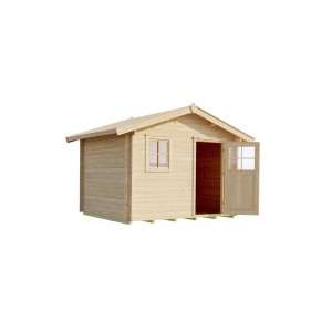 Unbehandeltes Weka Holz-Gartenhaus mit Satteldach, 380x284 cm, mit geöffneter Tür und Fenster.
