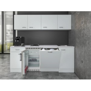 Flex-Well Classic Büroküche Wito 210 cm in Weiß mit E-Geräten und geöffnetem Kühlschrank.