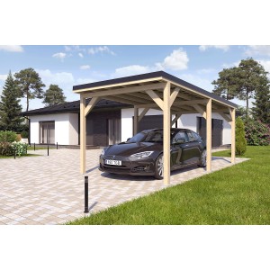 Holzbrüder Einzelcarport Ralf Natur mit schwarzem Blechdach und Auto.