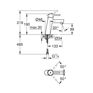 Technische Zeichnung: Grohe Concetto Waschtischarmatur M-Size mit Maßen und Details zur Installation.