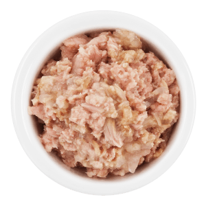 Lucky Lou Katzen-Nassfutter Thunfisch & Huhn in Jelly, serviert in einer weißen Schale.