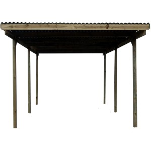 Holz-Einzelcarport mit Flachdach (300x495cm) mit sechs Pfosten und dunklem PVC-Dach.