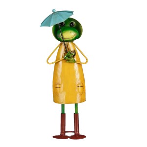 Gelber Deko-Frosch mit Regenschirm, 35 cm hoch, aus Metall für Garten und Wohnbereich.