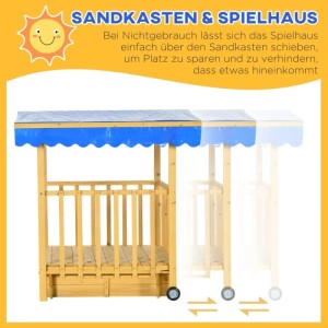Outsunny Sandkasten aus Holz mit blauem Schiebedach und Rädern, als Spielhaus.