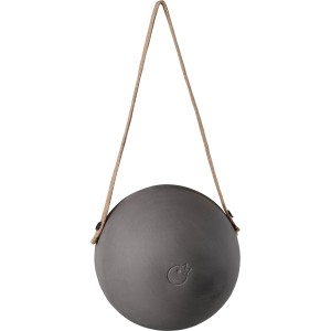 Graues SingingFriend Vogelhaus Lisa aus Keramik mit Juteband zum Aufhängen.