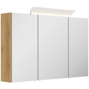 Posseik Spiegelschrank 100 cm in Eiche Gold mit LED-Lampe und drei Spiegeltüren.