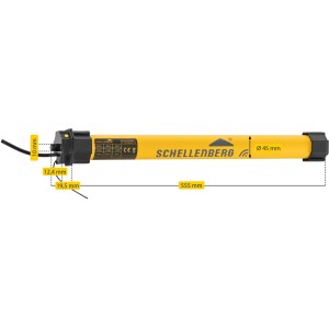 Schellenberg Funk-Rolladenmotor Maxi Premium, 10 Nm, gelb, mit Maßangaben.