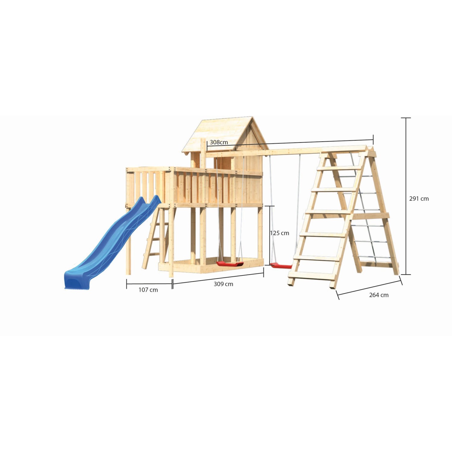 Karibu Stelzenhaus Frieda mit Doppelschaukel, Klettergerüst, blauer Rutsche und Sandkasten.