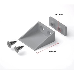 Hellgrauer Rollladen Anschlagwinkel 40mm aus Kunststoff, mit Schrauben und Abdeckung für Rollladensteuerung.