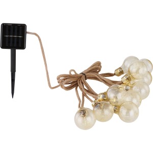 Globo LED-Solarlichterkette mit amberfarbenen Kunststoff-Leuchten und Solarpanel.